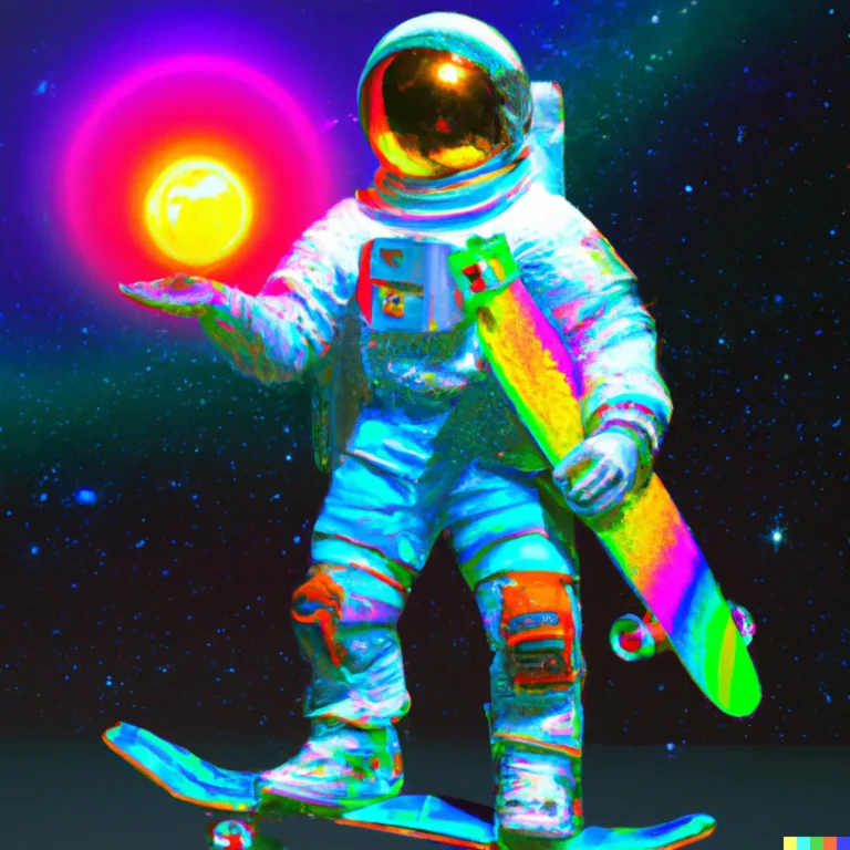 DALL·E 2022-12-13 09.47.02 - diseño de un cuadro de un astronauta en patineta en 4k , un diseño atractivo y espacial en 3d frente al sol